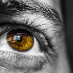 Detailed close-up image of a human eye, showcasing an amber-colored iris with architectural reflection.