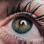 Detailed macro shot of a human eye, showcasing green iris, eyelashes, and reflection.